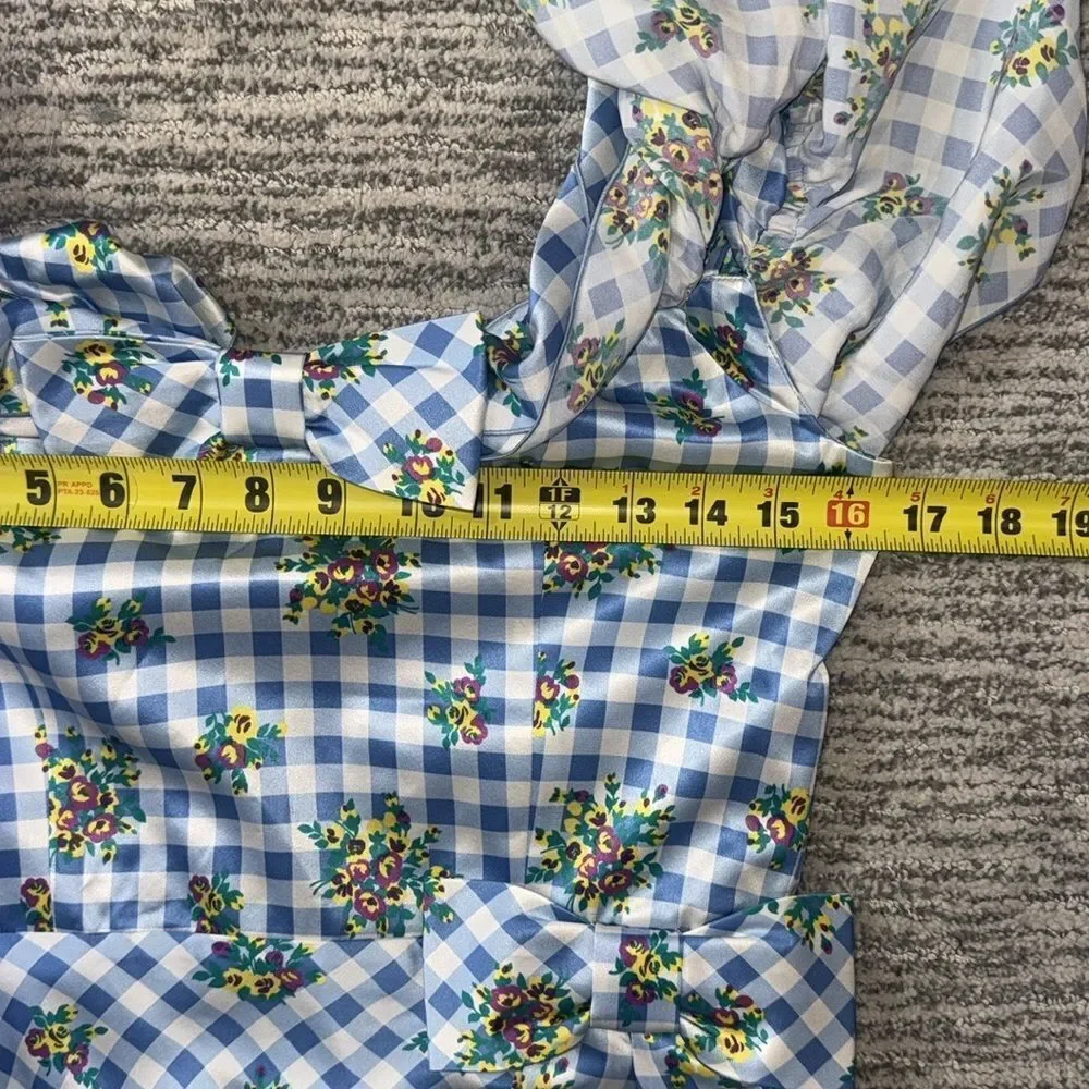 New ALESSANDRA RICH Off-Shoulder Floral Dress Medium Blue Gingham IT40/Small - Picture 8 of 16